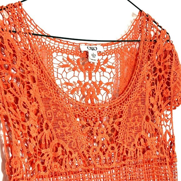 Cato Open Crochet Top Size S Cap Sleeve 100% Cotton Orange Layering Boho Hippie - Picture 2 of 6